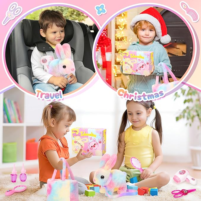 NINAOR Plush Interactive Bunny Toys for Kids with Tote Bags,Stuffed Robot Pet Rabbit with Leash Hopping Wiggle Ears Pretend Play,Realistic Cute Fidget Toys for Toddler Stocking Stuffers Birthday Gifts