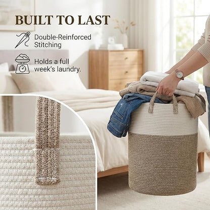 JMvicyroam Large Woven Laundry Basket Hamper,80L Cotton Rope Storage Bin for Blankets,Toys and Clothes,Decorative Tall Nursery Hamper for Living Room,Baby Nursery,Bathroom and Bedroom,Brown
