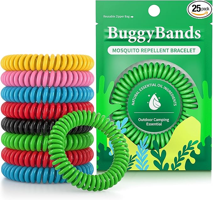 BuggyBands 25 Pack Mosquito Bracelets for Adults & Kids - Natural DEET-Free Bands, Individually Wrapped
