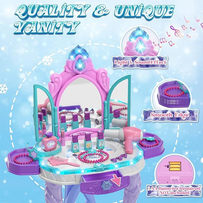 Lehoo Castle Kids Vanity Table and Chair Set, Girls Makeup Table with Mirror Stool Lights Music, Toddler Pretend Play Vanity Set for Princess Dress Up, Girl Toys Gifts for Age 3 4 5 Years Old