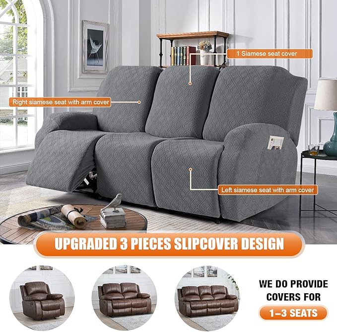 VANSOFY Recliner Cover, 3-Pieces Stretch Reclining Couch Covers with Pockets Reclining Sofa Slipcovers 3 Seater Soft Washable Furniture Protector for Dogs Cats(Dark Gray)