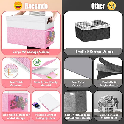 Large Toy Storage Box with Lid Divider, Sturdy Collapsible Toys Organizer Chest Kids Storage Bins Boxes Baskets for Boys, Girls, Nursery, Bedroom, Living Room, Playroom, 25"x13"x16", Pink and White