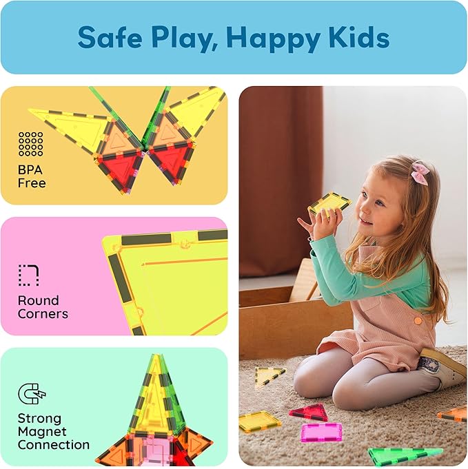 PicassoTiles Magnet Tile Building Block Set Magnetic Construction Square Triangle Tiles Toy Kit Sparking Creativity Geometric Shapes STEM Educational Learning Brain Development Kids Ages 3+ PB12