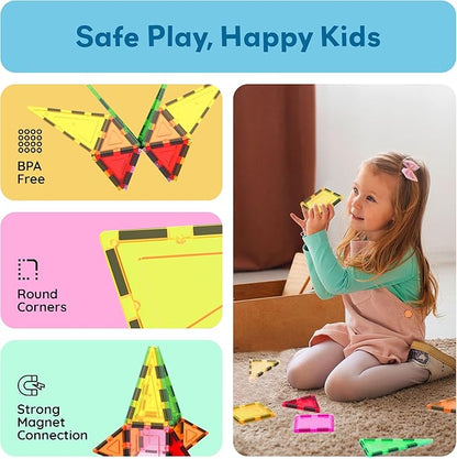 PicassoTiles Magnet Tile Building Block Set Magnetic Construction Square Triangle Tiles Toy Kit Sparking Creativity Geometric Shapes STEM Educational Learning Brain Development Kids Ages 3+ PB12