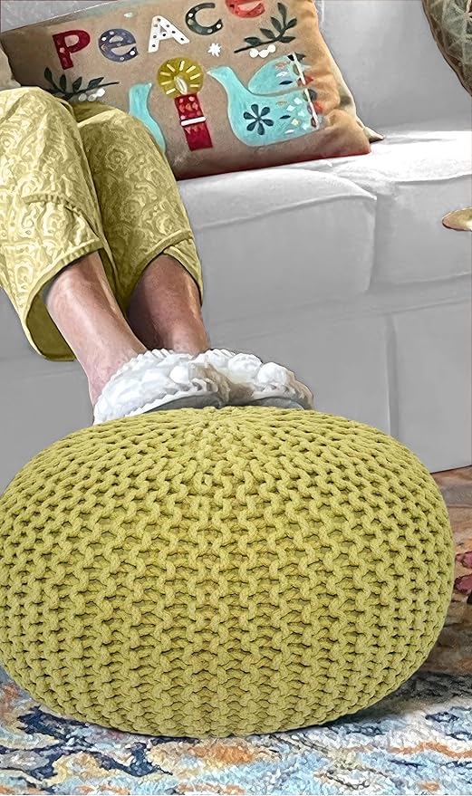 COTTON CRAFT - Hand Knitted Cable Style Dori Pouf - Green - Floor Ottoman - Cotton Braid Cord - Handmade & Hand Stitched - Truly one of a Kind Seating - 20 Dia x 14 High