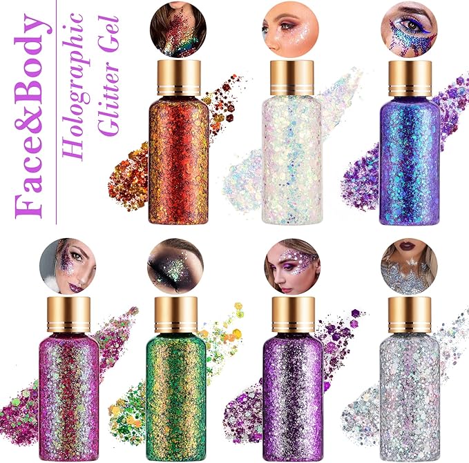 Lavender Purple Glitter Gel for Women Kids, Face Body Hair Glitter Gel, Holographic Chunky Mermaid Sequin Shimmer Makeup for Singer Concert Music Festival Rave Accessories, 1oz/Jar