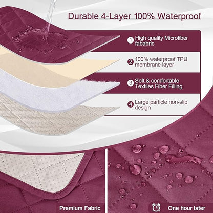 KinCam 100% Waterproof Recliner Chair Cover, Reclining Couch Covers for Pets, Dogs, Recliner Couch Slipcover Furniture Protector with Elastic Straps for Kids(28", Burgundy)