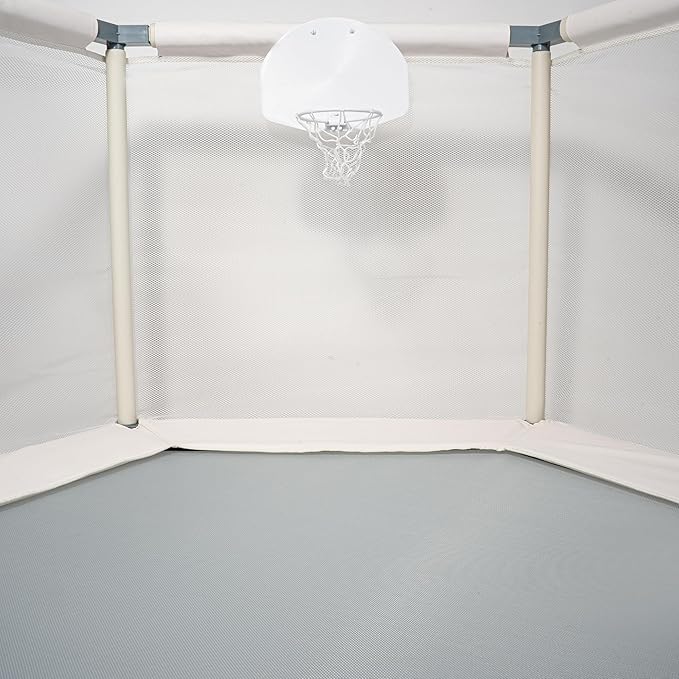 Kids Trampoline, Aesthetic Indoor and Outdoor Toddler Trampoline with Safety Net, Basketball Hoop, 220lb Capacity, Ultra Safe No-Gap Design, Gifts for Boys & Girls