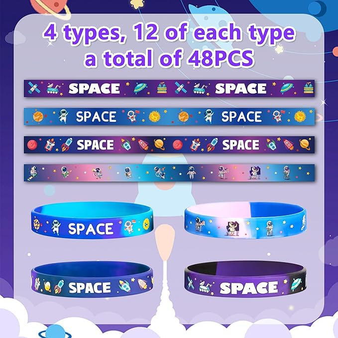 Lesnala 48PCS Outer Space Party Silicone Bracelets Astronaut Rubber Wristband Bulk Galaxy Stars Themed Party Favors for Planet Universe Birthday Decorations Supplies 4 Styles