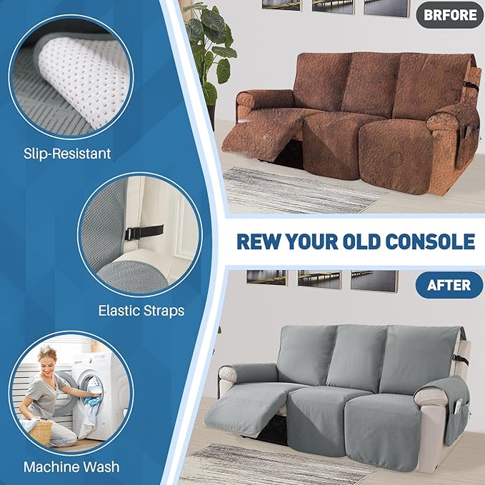 Easehomey Waterproof Recliner Sofa Cover Non-Slip couch cover recliner sofa 3 section with Elastic Band Two Pockets, Washable Couch Covers Furniture Protector for Kids,Dogs (Light Grey, Recliner Sofa)