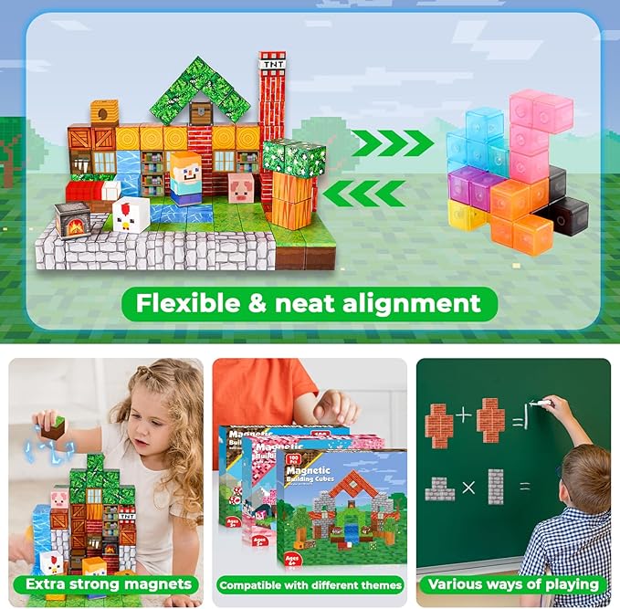 Annexfun Magnetic Blocks-100PCS Grassland Building Blocks Set, Kids Classroom Sensory Toy, STEM Learning, Construction Stacking Toy for Kids 3+ Boys & Girls Easter Christmas Birthday Gifts