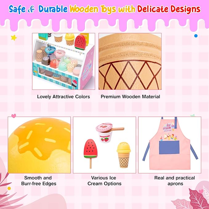 Meland Ice Cream Toy - Wooden Ice Cream Play Set with Aprons, Kids Toys for Toddlers Pretend Play, Toys for Girls Boys 3 4 5 6 7 Years Old Wooden Toys Play Store Playset for Kids Children Gift