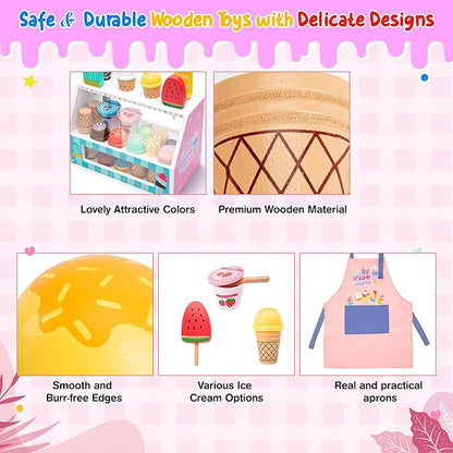 Meland Ice Cream Toy - Wooden Ice Cream Play Set with Aprons, Kids Toys for Toddlers Pretend Play, Toys for Girls Boys 3 4 5 6 7 Years Old Wooden Toys Play Store Playset for Kids Children Gift