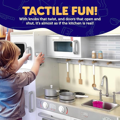 Play Kitchen - Wooden Kitchen Playset for Toddlers and Big Kids - Large Pretend Toy playset for Boys and Girls with Cooking Stove, Oven, Pots, Pans, Phone, Microwave, Fridge, Sink, Utensils - Ages 3-8