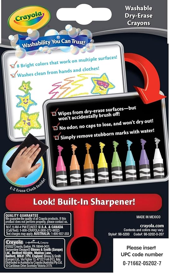 Crayola Washable Dry Erase Crayon, Assorted Bright Colors, Set of 8