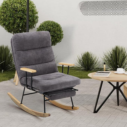 Rocking Chair with Footrest-Glider Rocker Chair with Retractable Footrest and Adjustable Backrest, Teddy Upholstered Rocking Chair, Modern Accent Chair for Living Room/Nursery/Bedroom/Outdoor-Grey