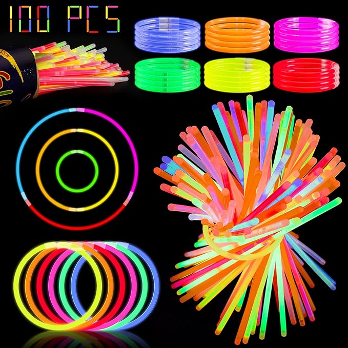 100Pcs Glow Sticks,Glow In The Dark Sticks,8" Glowsticks Light Up Sticks Party Favors for Kids Adults, Glow Sticks Bulk with Connectors for Necklaces Bracelets Party Supplies