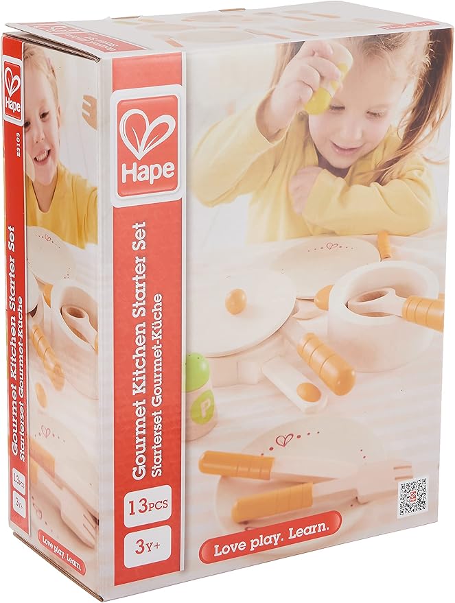 Hape Gourmet Play Kitchen Starter Accessories Wooden Play Set| 13 PCs Pretend Cookware Plates Dishes Play Kitchen Sets for Kids