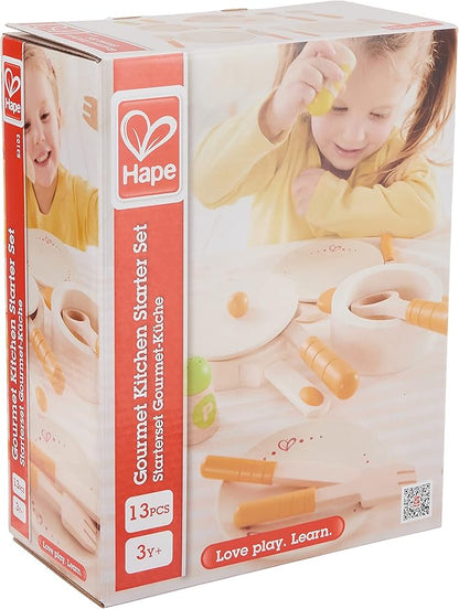 Hape Gourmet Play Kitchen Starter Accessories Wooden Play Set| 13 PCs Pretend Cookware Plates Dishes Play Kitchen Sets for Kids