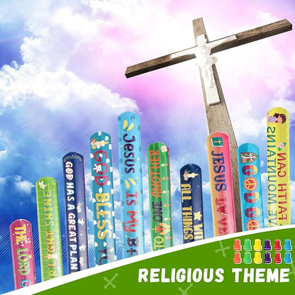 Jenaai 96 Pcs Religious Slap Bracelets with Stampers Bulk Assorted Jesus Love You Wristbands Christian Gifts for Kids Religious Prizes Bible Verse Party Favors for Sunday School Boys Girls