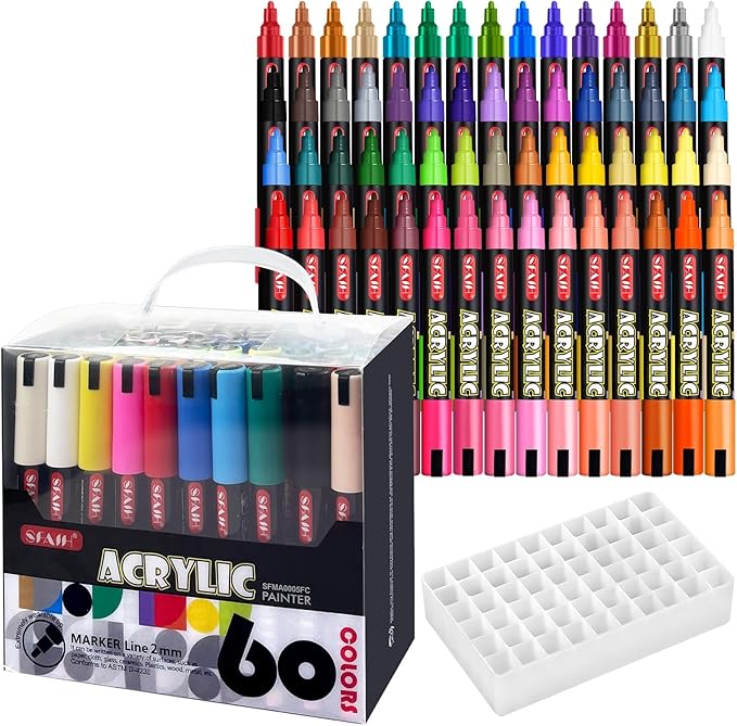 SFAIH Acrylic Creative Markers Set of 60 With 14 Metallics, Organizer, 3mm Medium Tips - Holiday Paint Markers, The Perfect Creative Gift for Any Occasion - Art Supplies