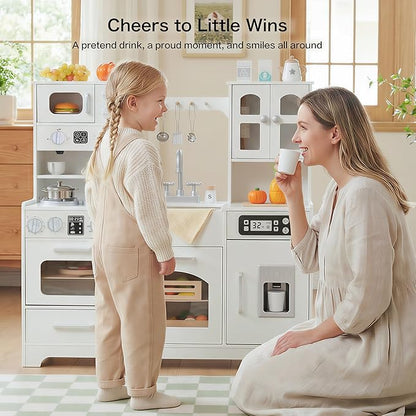 Wooden Play Kitchen for Toddlers and Kids with Lights & Sounds, Large Interactive Pretend Play Set with Ice Maker, Stove, Sink, Oven, 12 Accessories - Ages 3-8