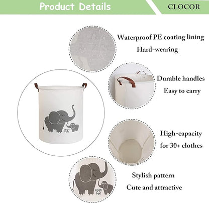 CLOCOR Collapsible Round Storage Bin/Large Storage Basket/Clothes Laundry Hamper/Toy Storage Bin (Love Elephant)