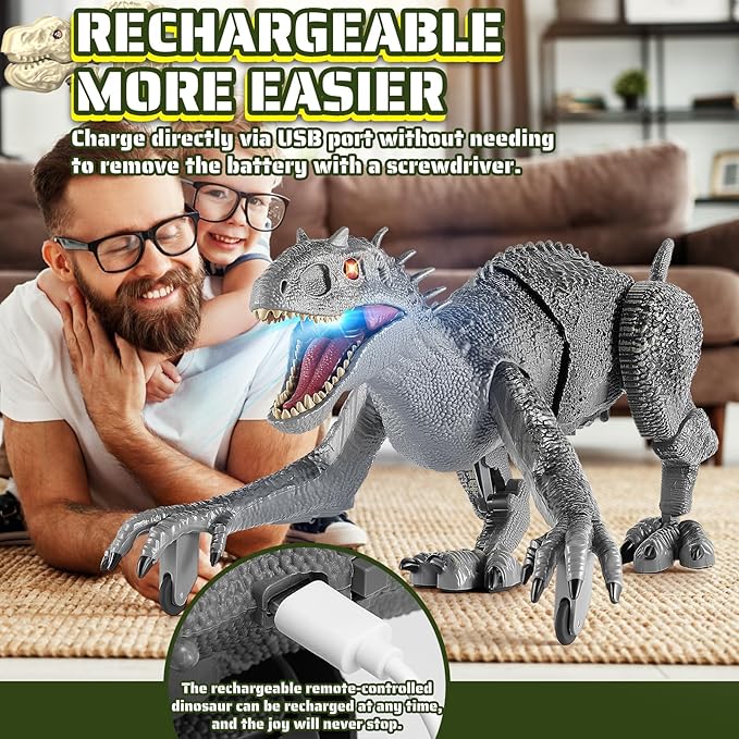 Remote Control Dinosaur, Realistic Dinosaur Toys for Kids 3-5, 2.4GHZ, Walking,Rechargeable, 3D Eyes, 3 Sound Effects, Demo Function, Jurassic Toys for Christmas, Kids 3+，Gray, Large Size
