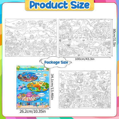 3Pack Giant Coloring Poster, Large Coloring Poster for Kids, Dinosaur, Mermaid, and Sea Animal Huge Big Coloring Page Craft with for Classroom Home Coloring Activities Birthday Gifts Party Favors