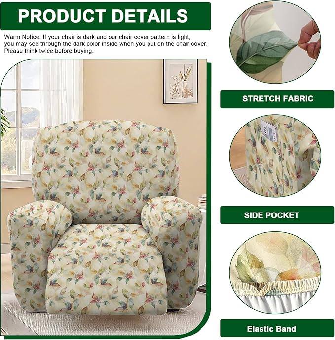 CRFATOP Printed Recliner Slipcover Stretch Reclining Chair Covers 4 Pieces Non Slip Recliner Sofa Slipcovers with Pocket Fitted Sofa Couch Cover Lazy Boy Chair Cover for Pet Kid Living Room,06