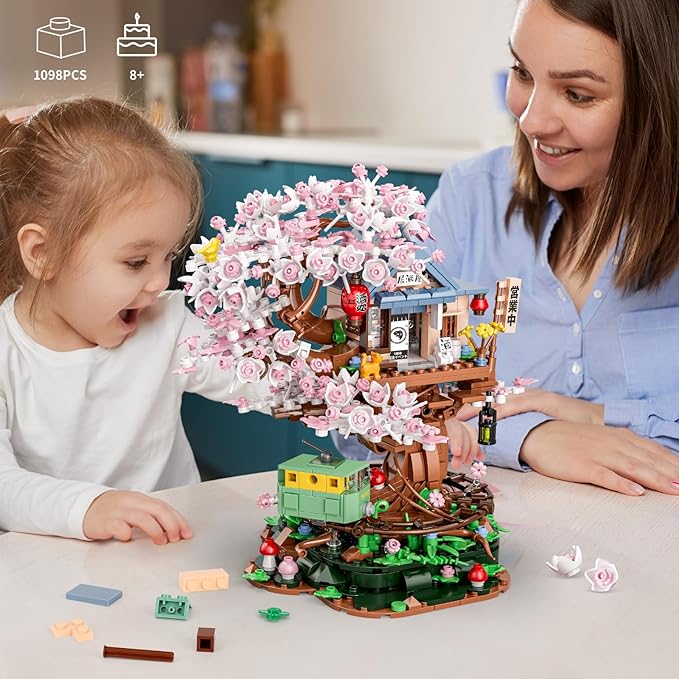Cherry Blossom Treehouse Building Set for Girls 8-12, Compatible with Lego Friends, Flowers House Japanese Izakaya Shop Architecture Building Blocks with Light for Adults, Gift Toy for Kids (1098 PCS)