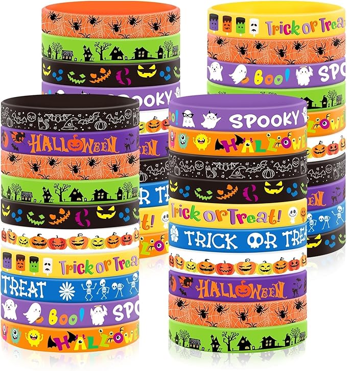 JUNEBRUSHS 120pcs Halloween Party Favors Silicone Bracelets Rubber Wristbands for Halloween Trick or Treat Party Kids Goodie Bag Stuffers Fillers Decorations Accessories Supplies(10 Designs)