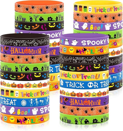 JUNEBRUSHS 120pcs Halloween Party Favors Silicone Bracelets Rubber Wristbands for Halloween Trick or Treat Party Kids Goodie Bag Stuffers Fillers Decorations Accessories Supplies(10 Designs)