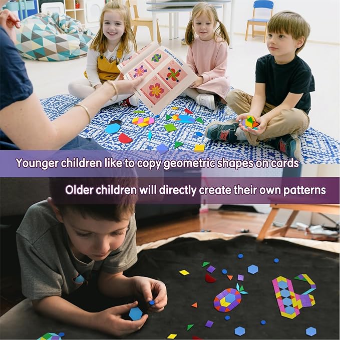 Wooden Pattern Blocks Set, 231 PCS Magnet Pattern Blocks, a Pattern Book and 9 Double-Sided Puzzle Cards, Tangrams for Kids Ages 3+, Early Math Geometric Shapes Concepts Learning Resource
