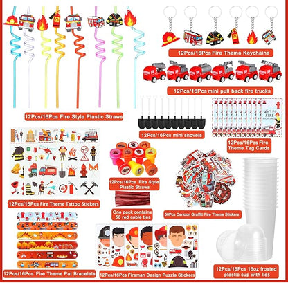HyDren 211 Pcs Firefighter Party Favors Included Gift Cup Straw Keychain Slap Bracelet Mini Truck Sticker Stamper Card Tattoo Sticker Shovel Sticker Tag Cable Tie For Birthday Gift Prize
