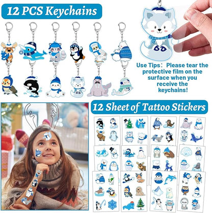 98 PCS Winter Arctic Animals Party Favors, Winter Arctic Polar Animals Stickers Temporary Tattoos Slap Bracelets Keychains Badges Arctic Animals Birthday Party Decorations Supplies for Kids