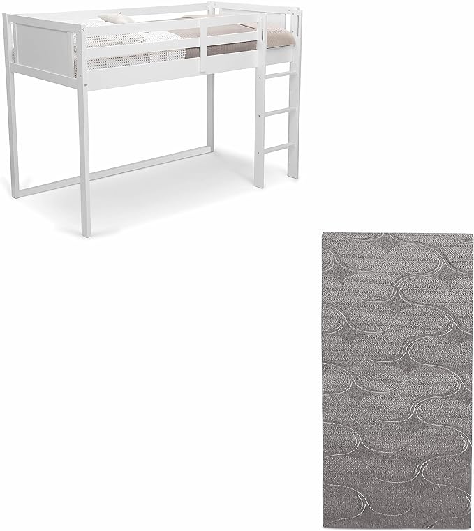 Delta Children Twin Loft Bed with Guardrail and Ladder, White Snooze 6 inch Memory Foam Twin Mattress (Bundle)