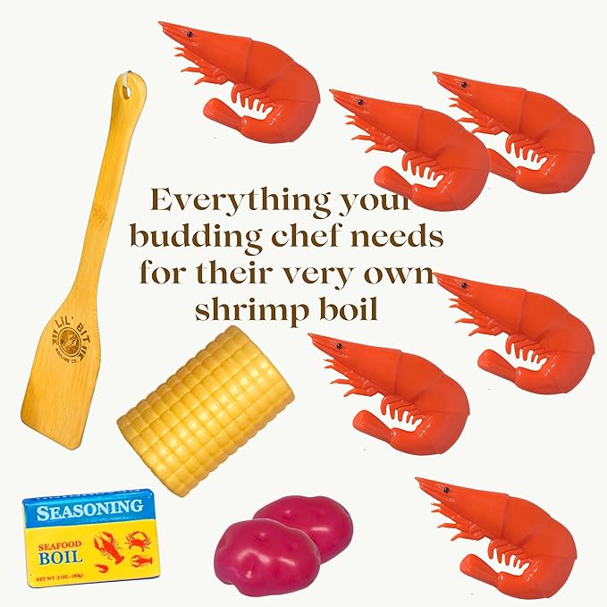 Lil' Bit Boiling Co. Kids Louisiana Shrimp Boil Playset - Toy Food Kitchen Set for Children with Pot, Strainer, Wooden Paddle and Accessories