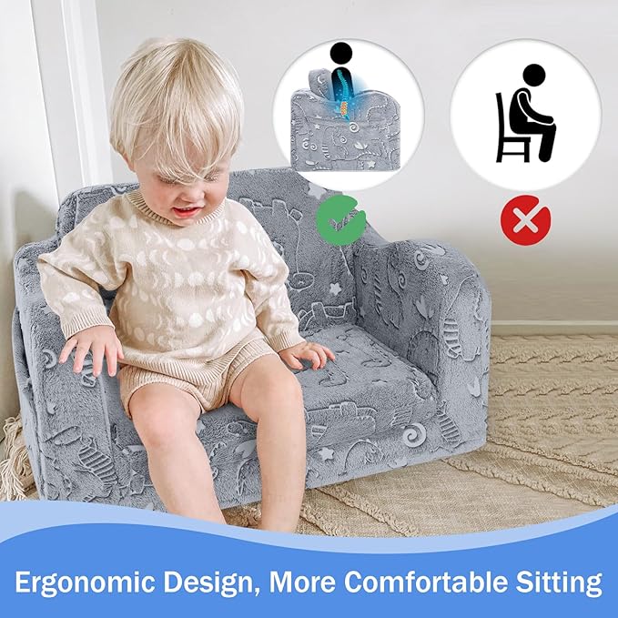 MeMoreCool Kids Dinosaur Couch, Foldable Toddler Chair, Glow in The Dark Convertible Sofa Bed, Fold Out Lounge for Boys Ages 1-3 in Playroom, Comfy Recliner Lounger (Grey)