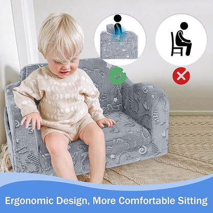 MeMoreCool Kids Dinosaur Couch, Foldable Toddler Chair, Glow in The Dark Convertible Sofa Bed, Fold Out Lounge for Boys Ages 1-3 in Playroom, Comfy Recliner Lounger (Grey)