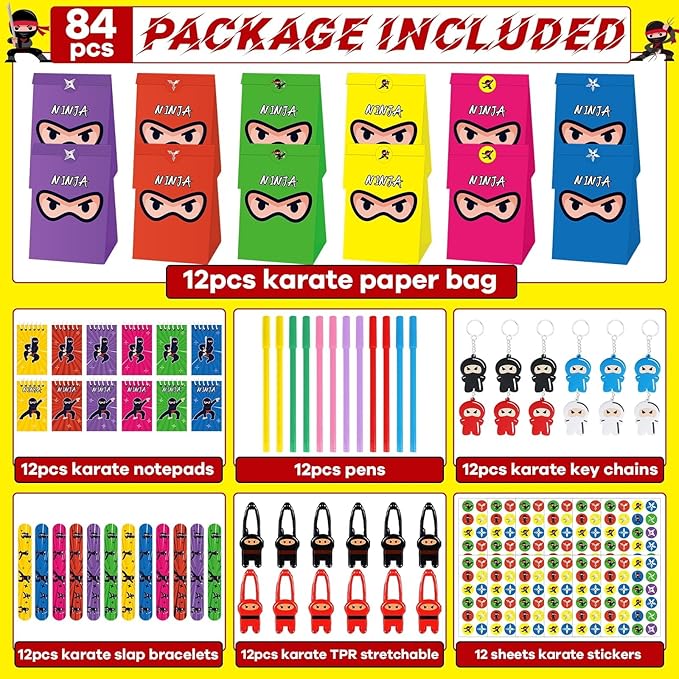 84pcs Karate Party Favor Colorful Karate Paper Bag Notepad Pen Slap Bracelets Key Chain TPR Stretchy Flying Toys Stickers Karate Party Supplies for Boys Girls Birthday Classroom Activities Party Kits