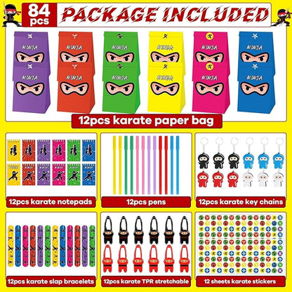 84pcs Karate Party Favor Colorful Karate Paper Bag Notepad Pen Slap Bracelets Key Chain TPR Stretchy Flying Toys Stickers Karate Party Supplies for Boys Girls Birthday Classroom Activities Party Kits