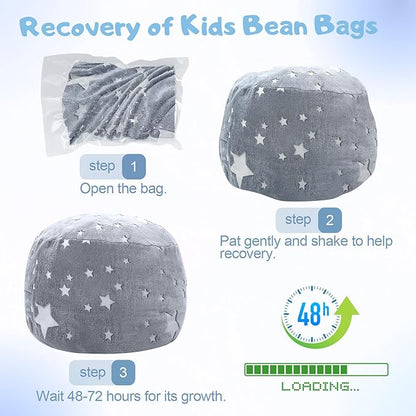 COMAX Kids Bean Bag Chair Turn into Beanbag Bed, Unicorn Toddler Bean Chair for Girl Boy Sleeping, Lazy Children Sofa Couch with Filler, Convertible Child Floor Mattress, Glowing Grey Star