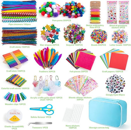 Sundaymot Arts and Crafts Supplies for Kids, 2000+Pcs Craft Kits for Kids, DIY School Craft Project, Bulk Craft Set, Includes Art Supplies and Oxford Cloth Bag, Arts and Crafts for Kids Ages 6+