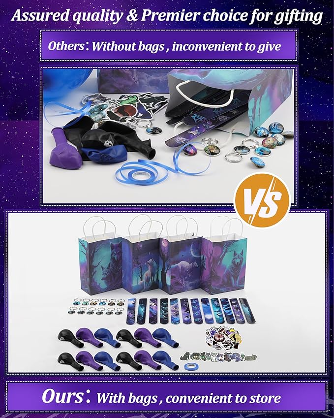 98 pcs Halloween Wolf Party Favors For Kids -Wolf Birthday Party Favors with Wolf Storage Bag Balloons Keychains Clapping Wristbands and Wolf Stickers for Wolf Party Decorations and Halloween