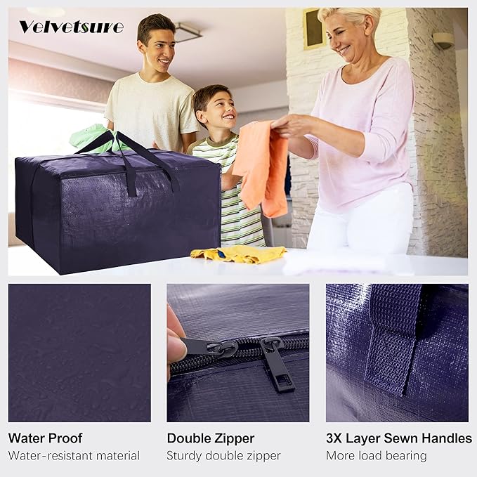 VELVETSURE Heavy Duty Extra Large Moving Bags W/Backpack Straps - Strong Handles & Zippers, Storage Totes For Space Saving, Fold Flat, Alternative to Moving Box and Storage Bin (Set of 6, Blue)