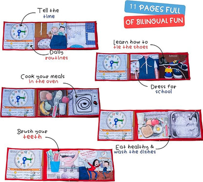 Routines 11 Pages Quiet Book for 3+ Year Old Boys and Girls | Bilingual Soft Book | Preschool and Early Learning | Montessori Fabric Book for Toddlers | Play and Learn Toy | 14 Pieces Included.