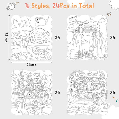 Dvbonike 24Pcs Sunday School Craft for Kids Color Your Own Noah Ark Card 4 Styles Religious Christian Coloring Cards with Biblical Scene Animal Drawing Party Gift VBS Home Classroom Decor Supplies
