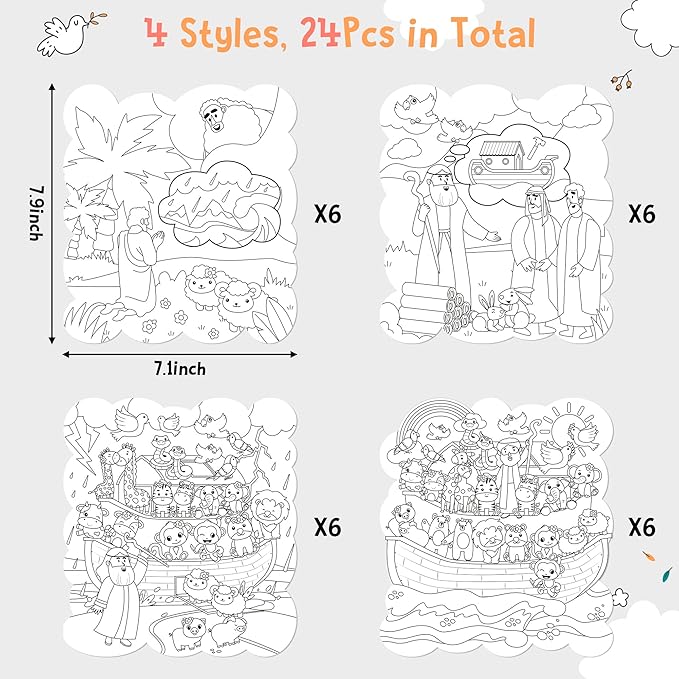 Dvbonike 24Pcs Sunday School Craft for Kids Color Your Own Noah Ark Card 4 Styles Religious Christian Coloring Cards with Biblical Scene Animal Drawing Party Gift VBS Home Classroom Decor Supplies