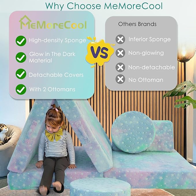 MeMoreCool Modular Glow Sofa for Kids, Colorful Star 8-Piece Convertible Foam Toddler Couch Play Set for Playroom and Children